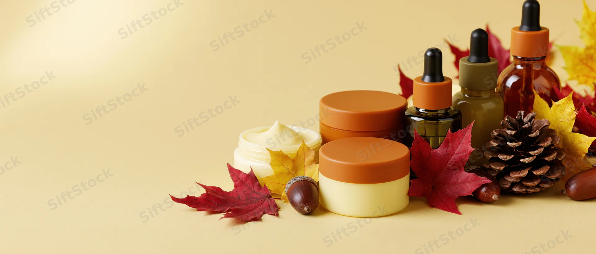 Autumn skincare products arranged with leaves and pinecones on a warm beige background