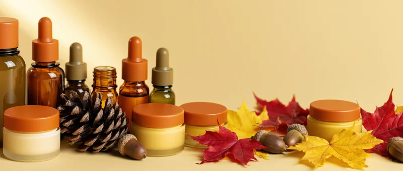 Autumn skincare products arranged with pinecones and maple leaves on a beige background
