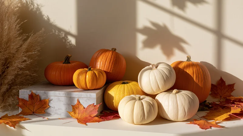 Pumpkins and maple leaves arranged on a marble box and table with sunlight casting shadows
