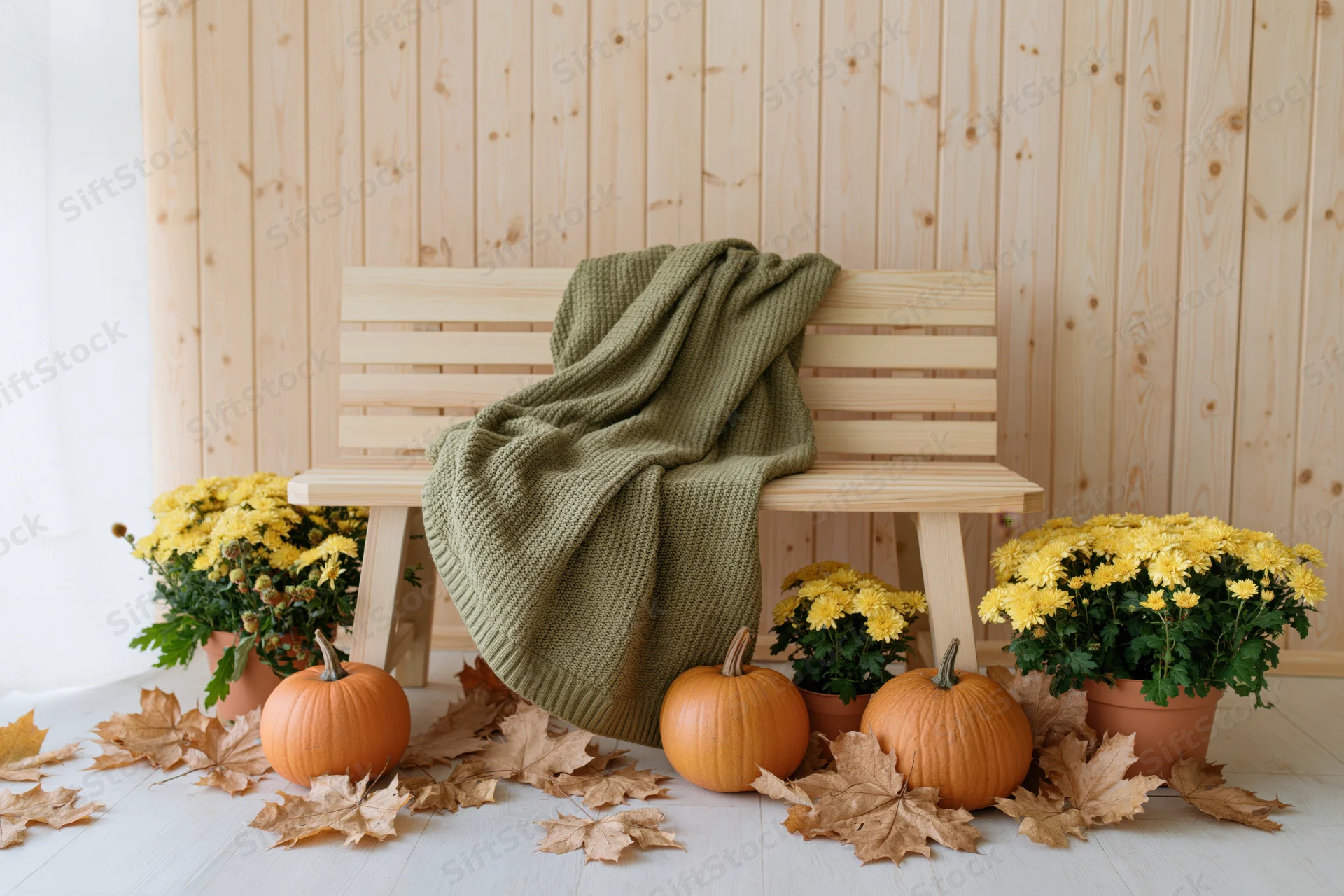 Light wood slatted bench draped with green knitted blanket surrounded by pumpkins, potted chrysanthemums and fallen leaves on white floor