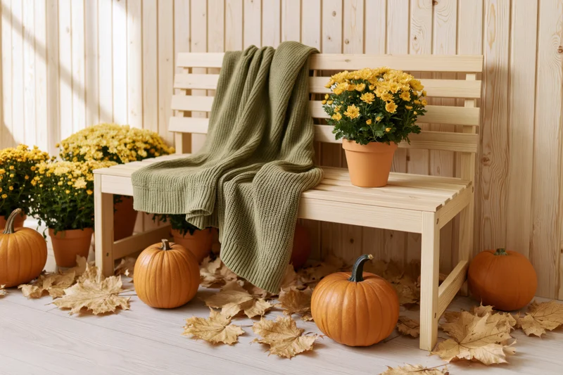 Light wood slatted bench with pumpkins, yellow flowers and a green knitted blanket, surrounded by fallen leaves in a cozy autumn interior