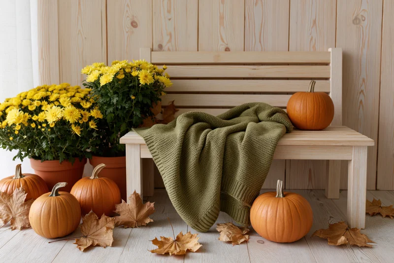 Light wood slatted bench draped with green knitted sweater and surrounded by pumpkins, yellow flowers, and fallen leaves on a wooden floor