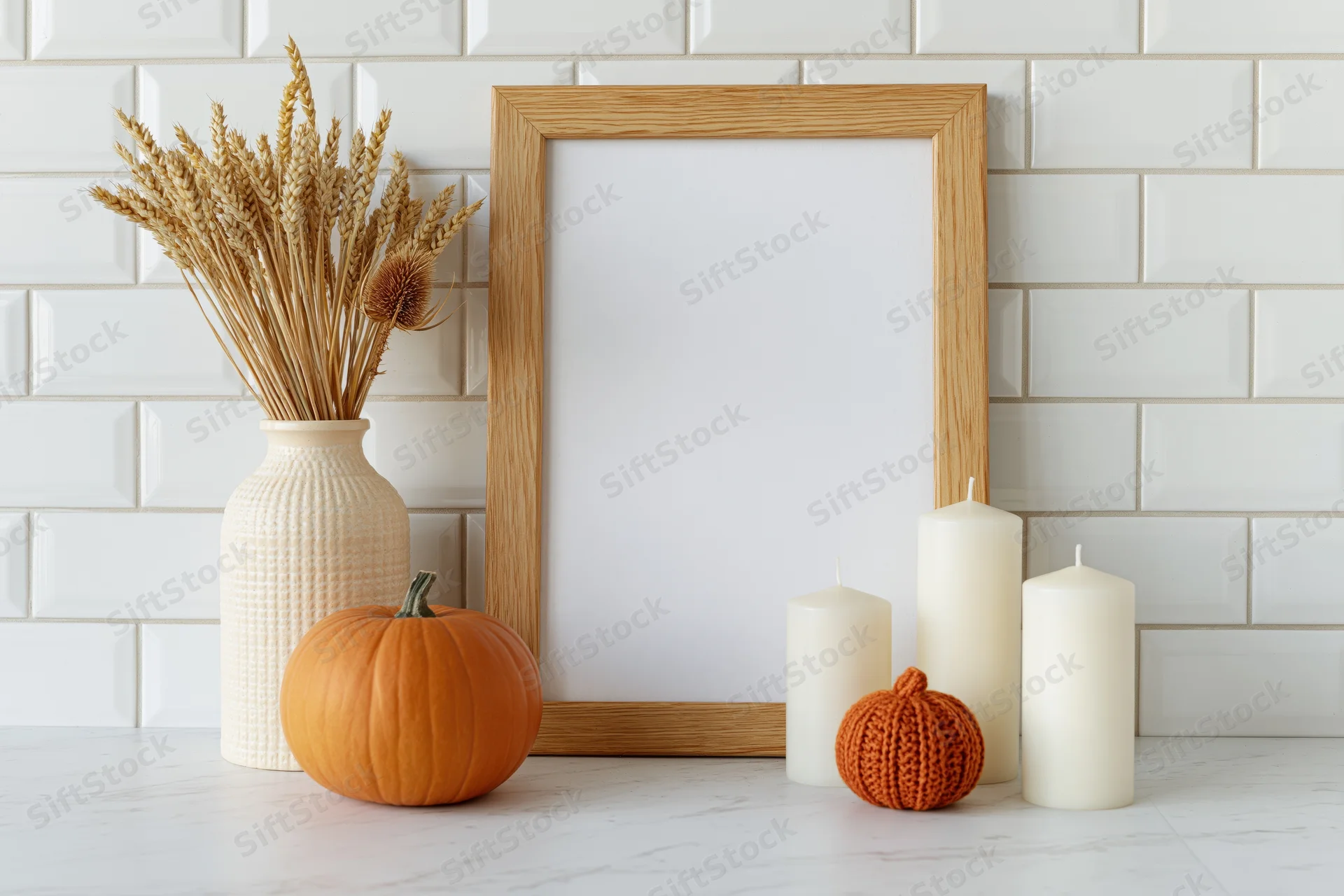 Autumn tabletop flat lay with blank wooden frame, pumpkin, candles, dried wheat, and knitted pumpkin on marble counter against white tile backsplash