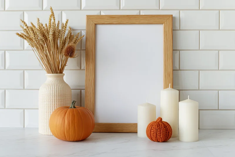 Autumn tabletop flat lay with blank wooden frame, pumpkin, candles, dried wheat, and knitted pumpkin on marble counter against white tile backsplash