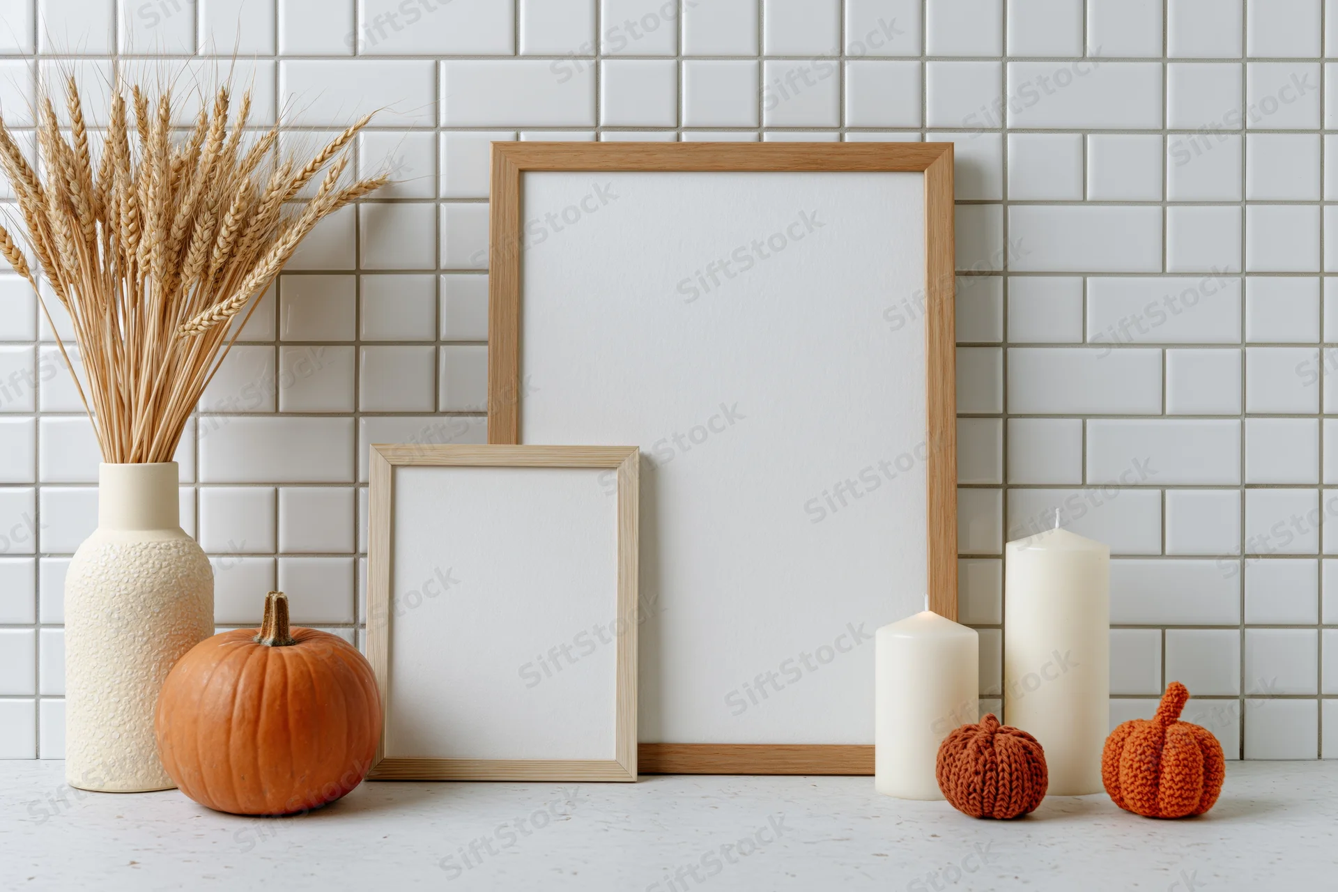 Autumn tabletop flat lay with blank wooden frames, pumpkins, candles, wheat in vase on tiled countertop