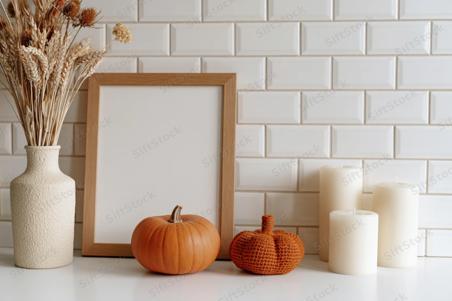 Autumn tabletop flat lay with pumpkins, candles, dried flowers, and blank wooden frame against white tiled backsplash