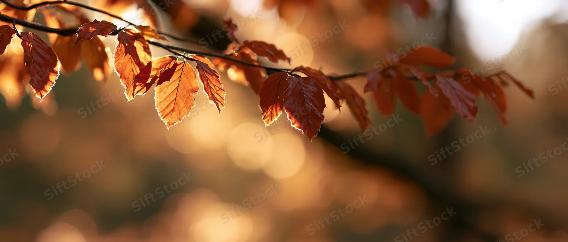 Autumn tree branch with orange and red leaves backlit by sunlight in a forest setting