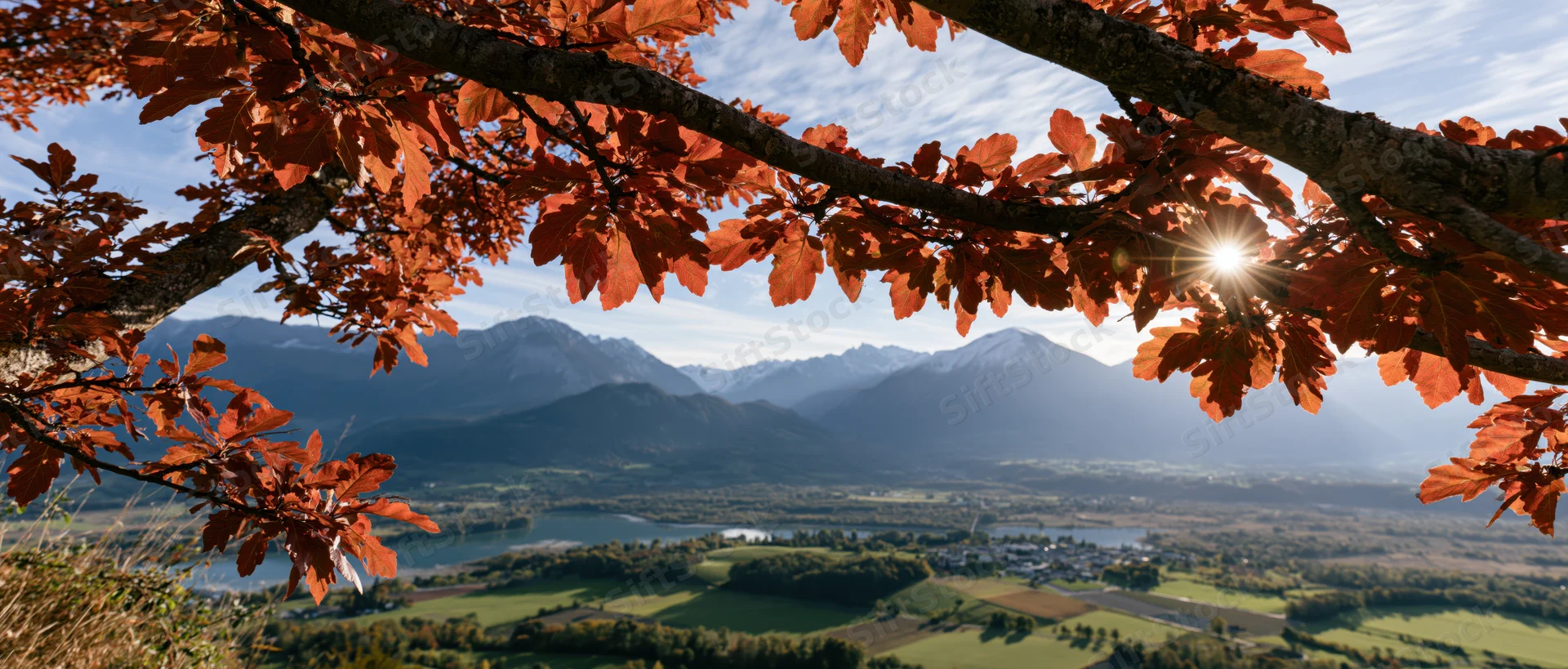 Autumn tree branches with orange-red leaves framing a mountain valley view