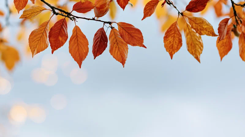 Autumn tree branches with orange red and yellow leaves framing a soft blurred sky background