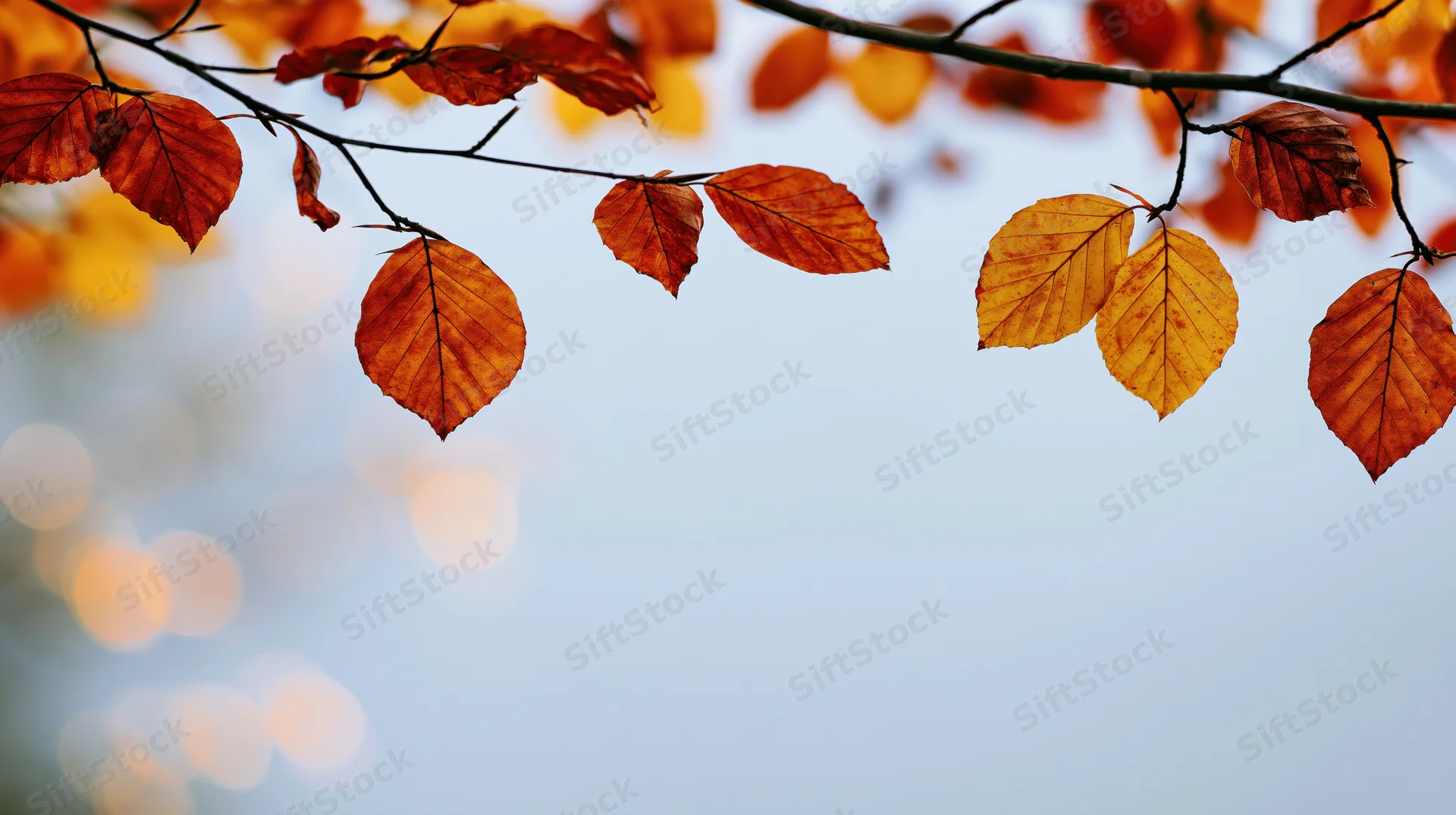 Autumn tree branches with orange red and yellow leaves framing a soft blue sky with bokeh lights and copyspace below