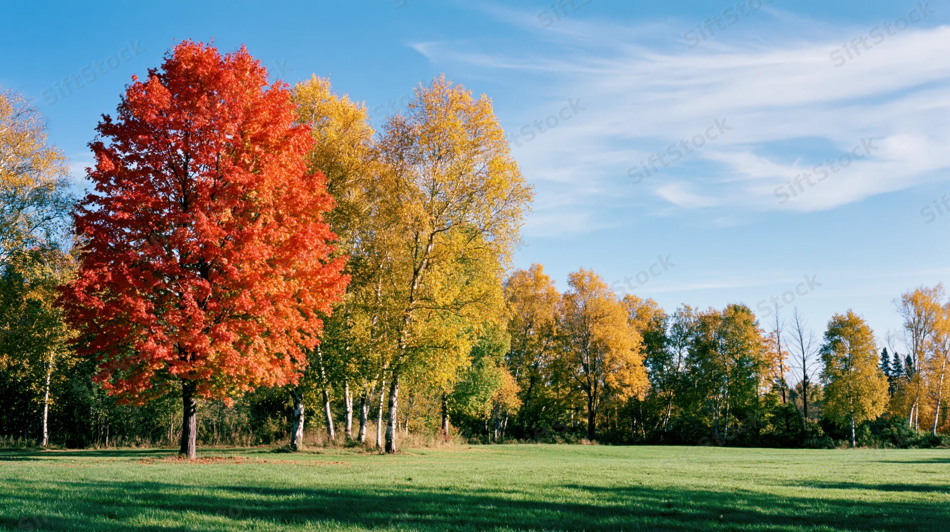 Vibrant maple tree with red foliage standing in a grassy meadow beside a line of autumn-colored trees under a blue sky