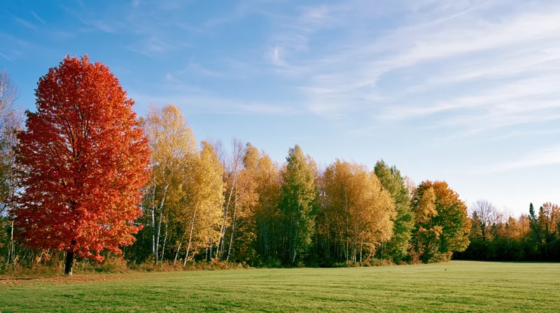 Autumn tree line at edge of open meadow with tall maple and colorful foliage under clear blue sky