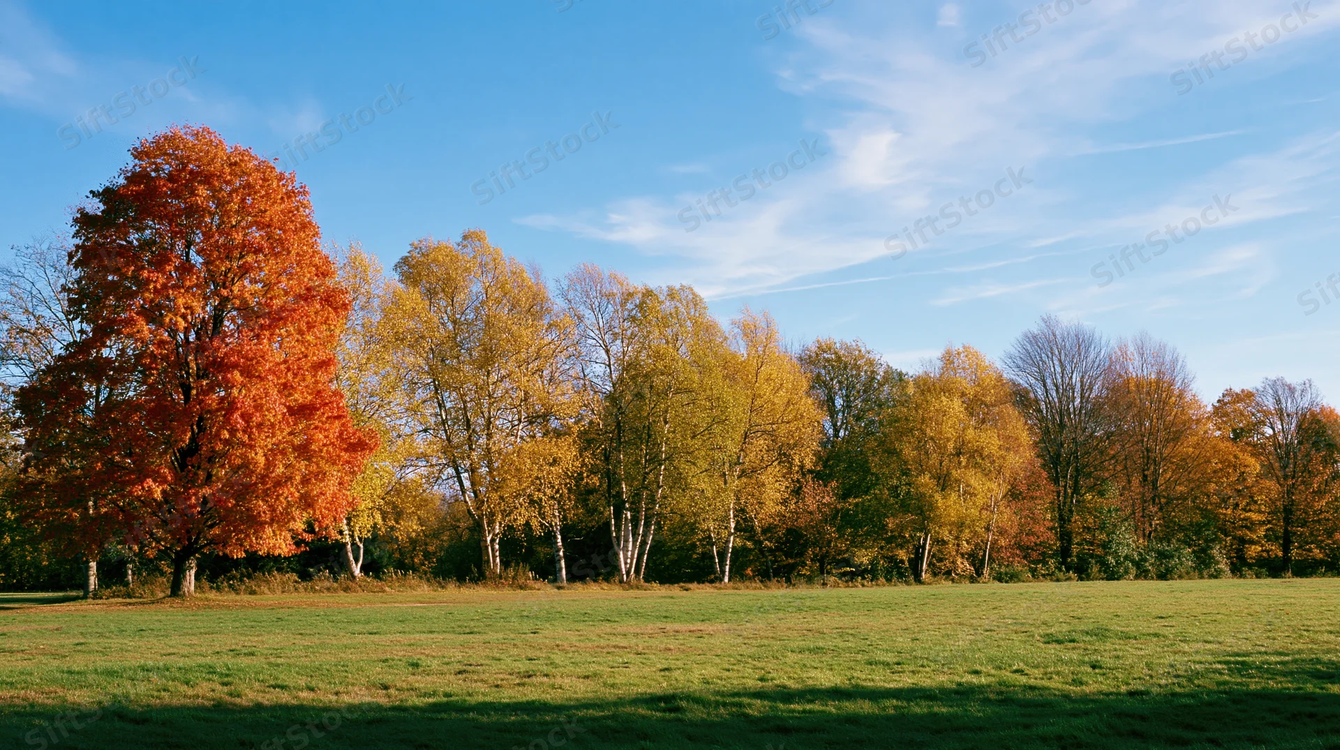 Autumn trees lining a grassy meadow under a clear blue sky