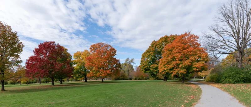 Autumn trees with colorful foliage lining a path in a public park