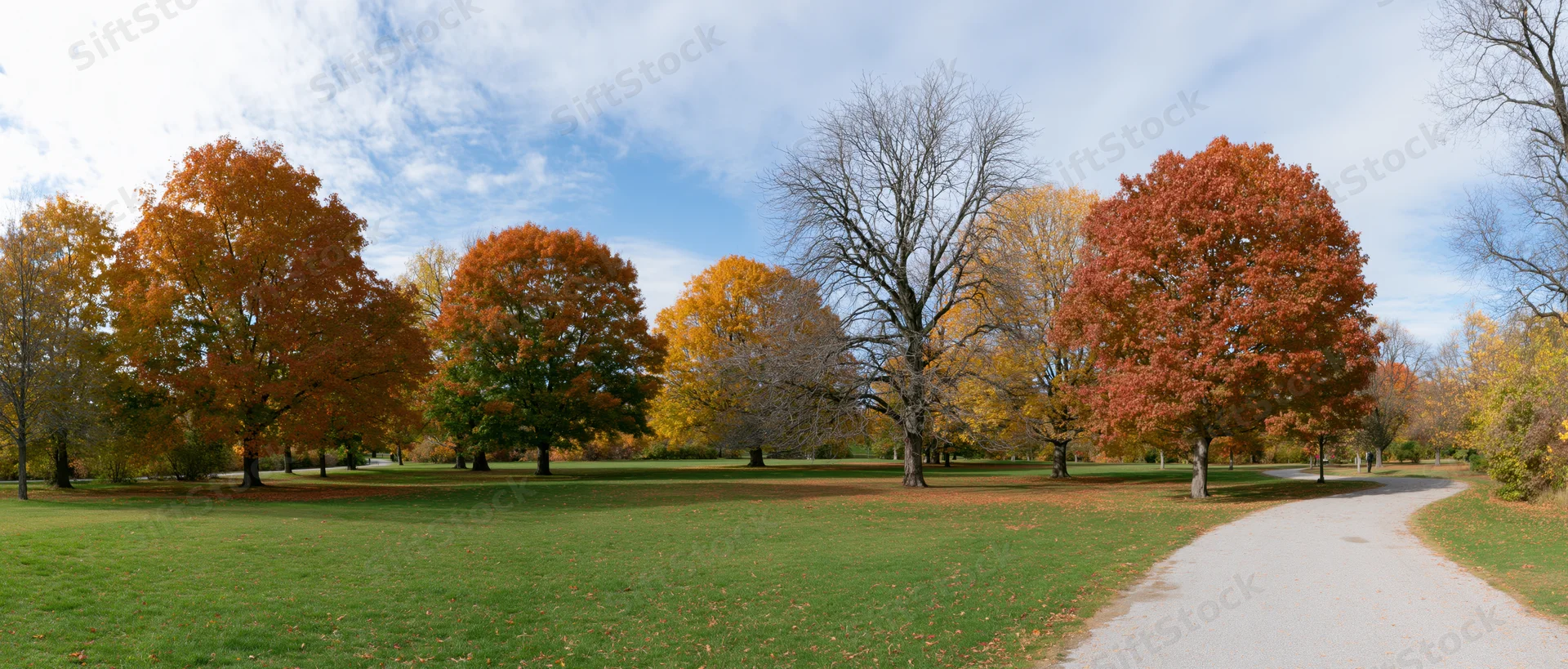 Autumn trees with mixed red orange yellow foliage lining a winding path in a public park