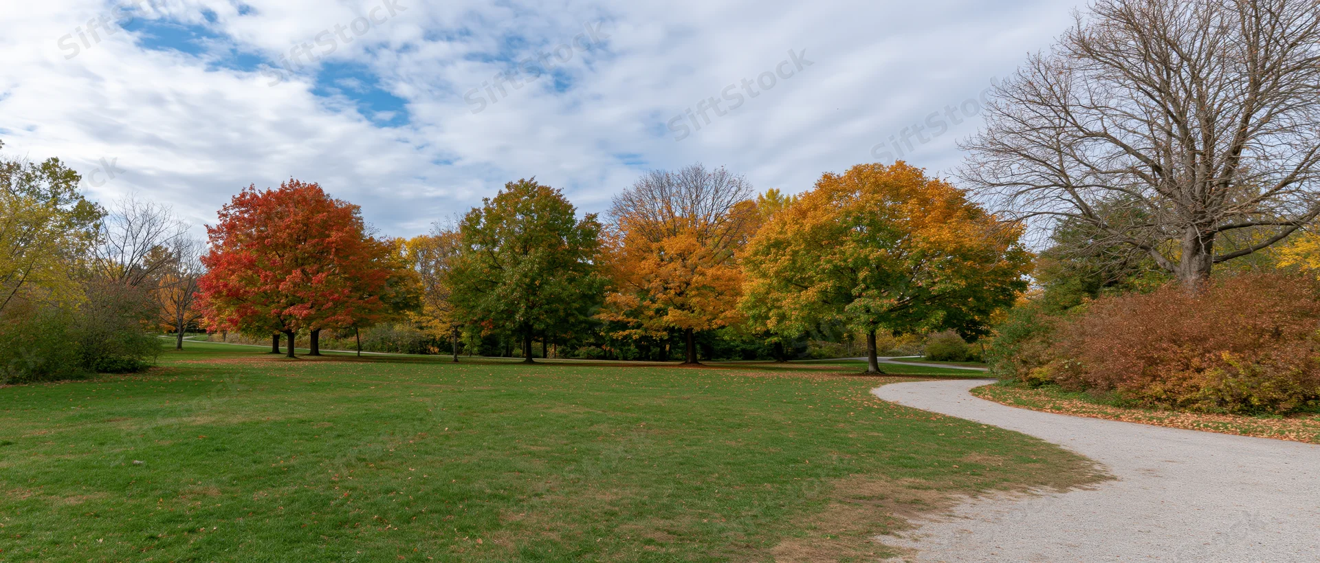Autumn trees with mixed red orange and yellow foliage lining a gravel path in a public park