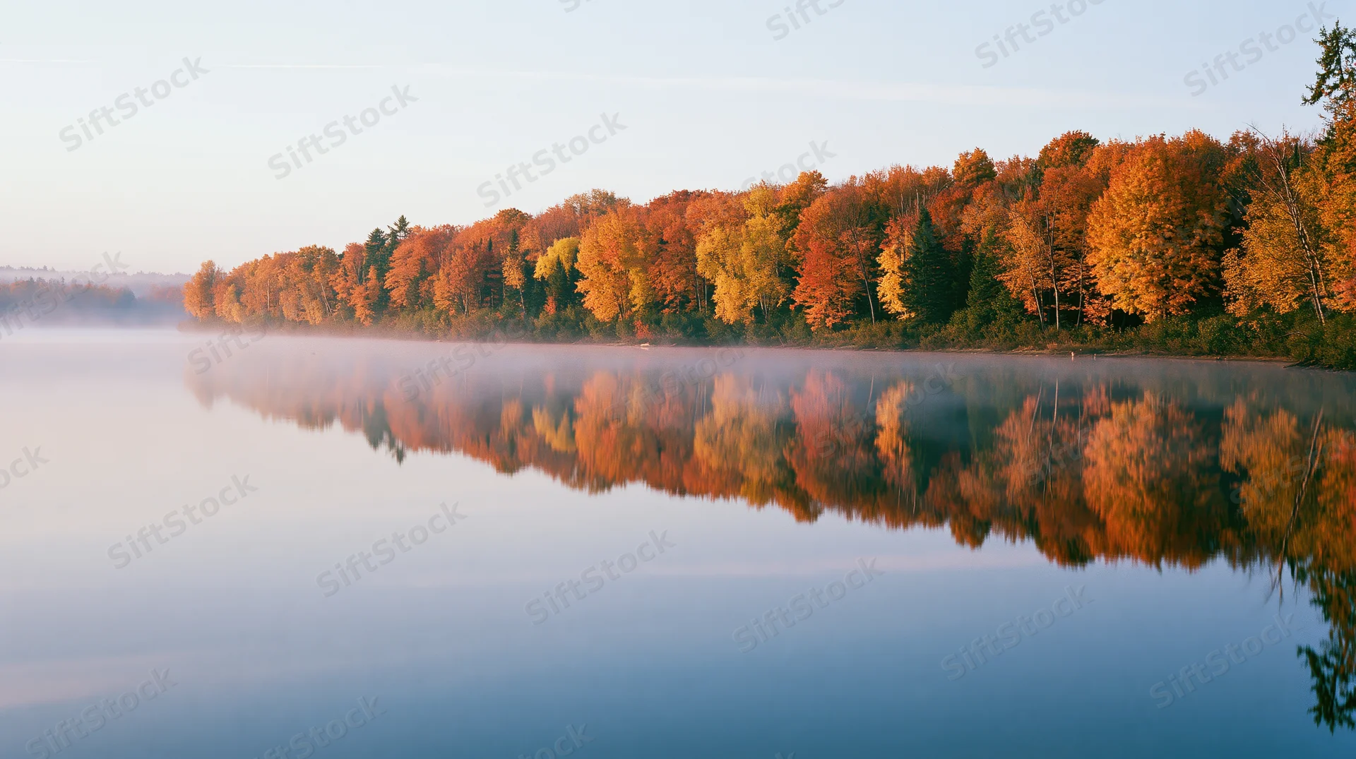 Autumn trees in peak fall color lining the far bank of a calm lake with mist and reflection in the water