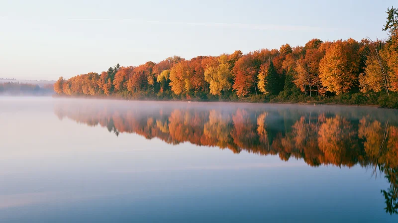 Autumn trees in peak fall color lining the far bank of a calm lake with mist and reflection in the water