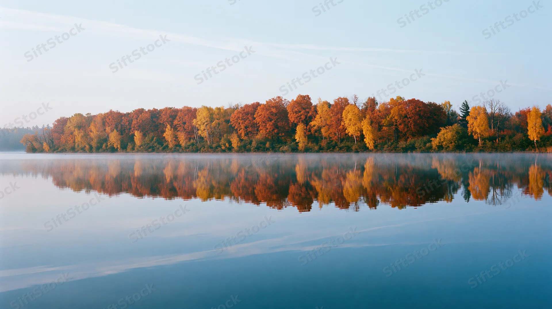 Autumn trees in peak fall color lining the far bank of a calm lake with their reflection mirrored in the still water