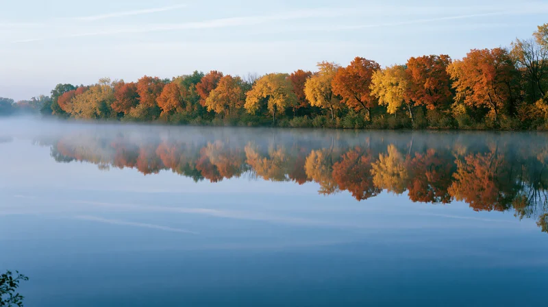 Autumn trees in peak fall color lining the far bank of a calm lake with mist and reflection