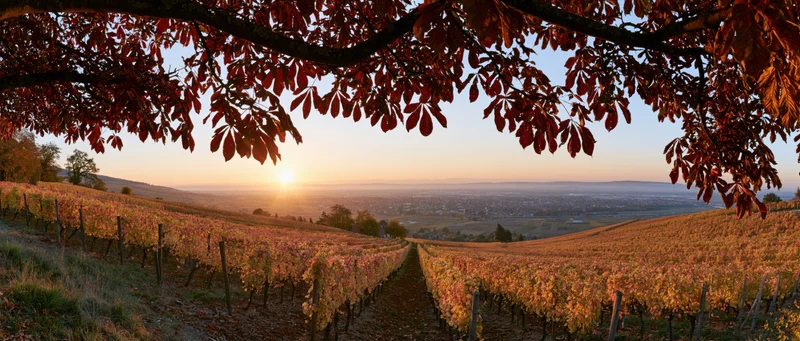Rows of grapevines stretching across rolling hills at sunset under autumn tree branches