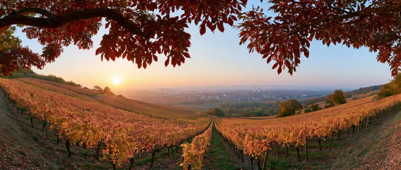 Rows of grapevines stretching across rolling hills at sunset under red autumn foliage