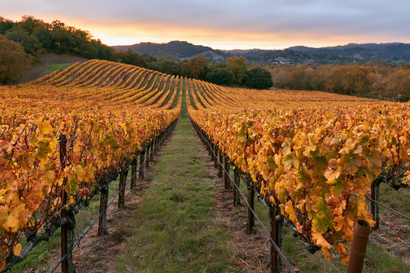 Rows of grapevines in autumn stretching across rolling hills at sunset