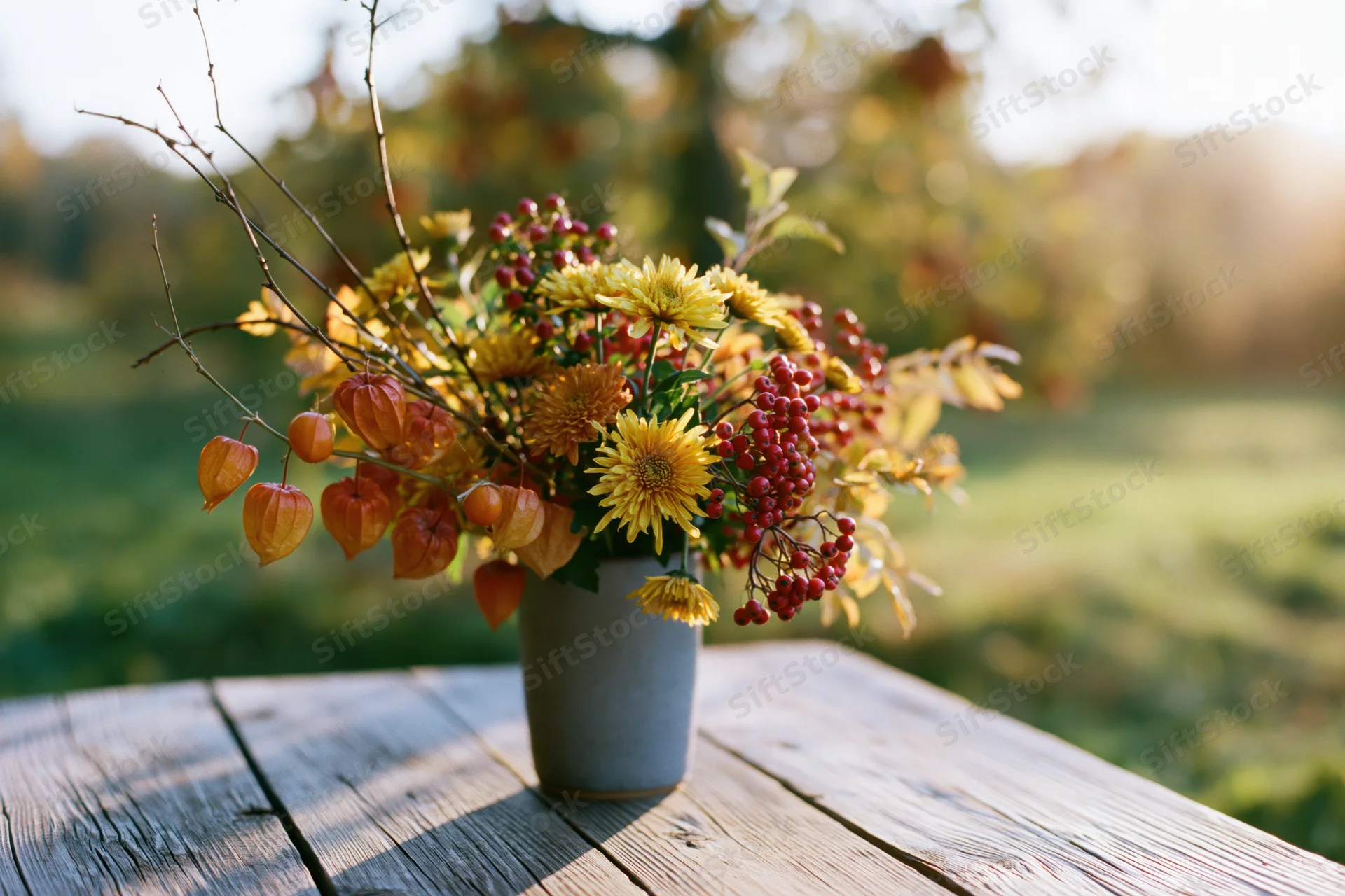 Autumn wildflower bouquet in a matte grey ceramic vase on a wooden table outdoors