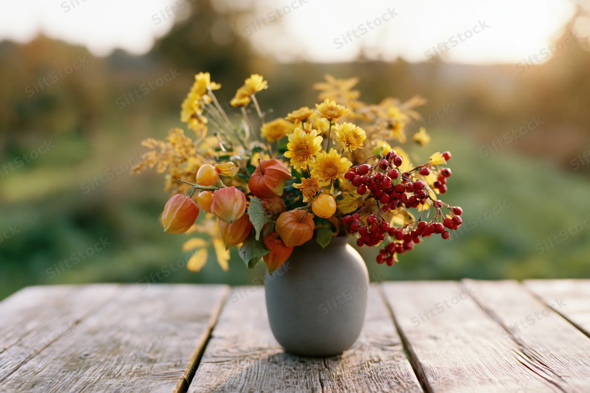 Autumn wildflower bouquet in matte grey ceramic vase on wooden table outdoors