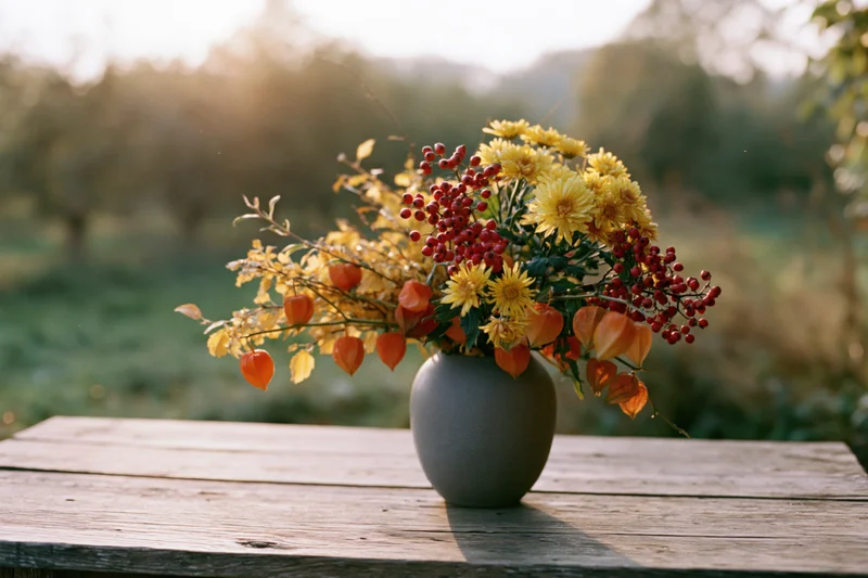 Autumn wildflower bouquet in a matte grey ceramic vase on a wooden table outdoors