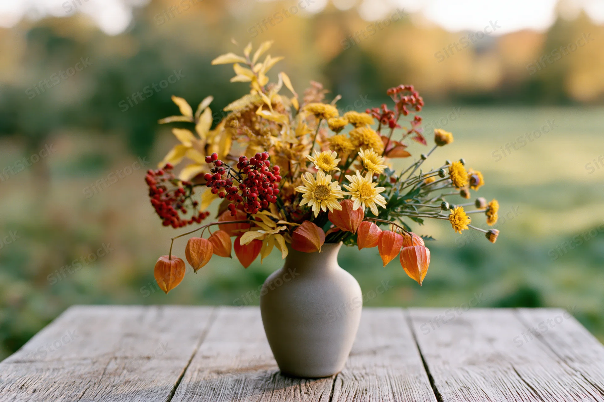 Autumn wildflower arrangement in a matte grey ceramic vase on a wooden table outdoors