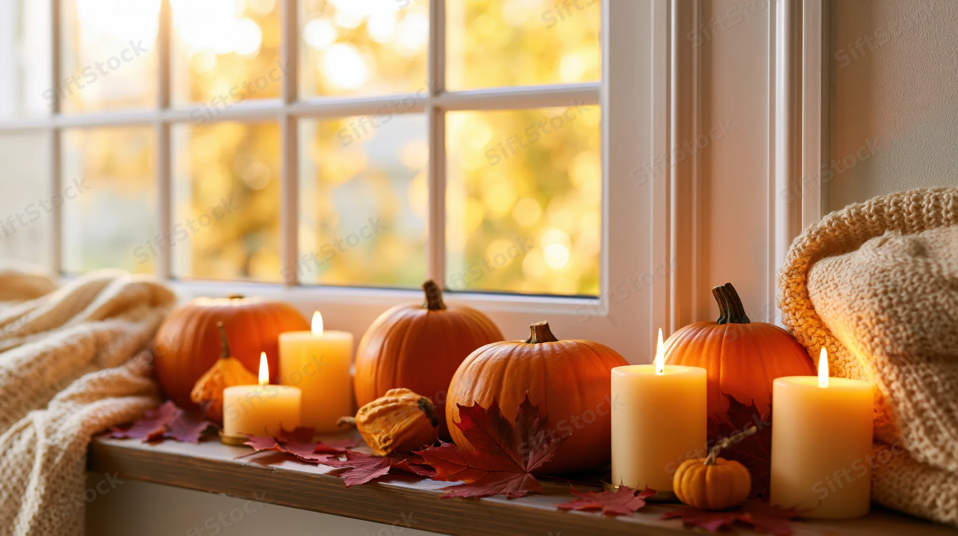 Pumpkins and candles arranged on a windowsill with autumn leaves and knit blankets, framed by a window with golden foliage outside