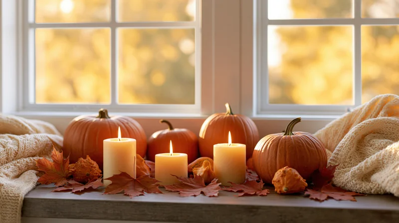 Pumpkins and lit candles arranged on a windowsill with autumn leaves and a knitted blanket, framed by a window with warm sunlight outside