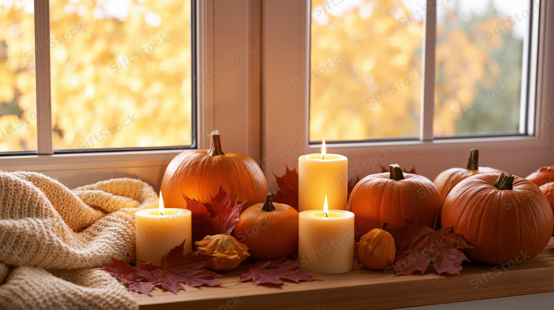 Pumpkins and lit candles arranged on a windowsill with autumn leaves and a knitted sweater, viewed through a window with golden foliage outside
