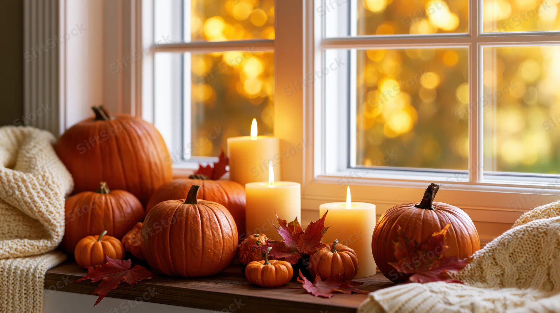Pumpkins and candles arranged on a windowsill with autumn leaves and knitted blankets, warm light glowing through the window