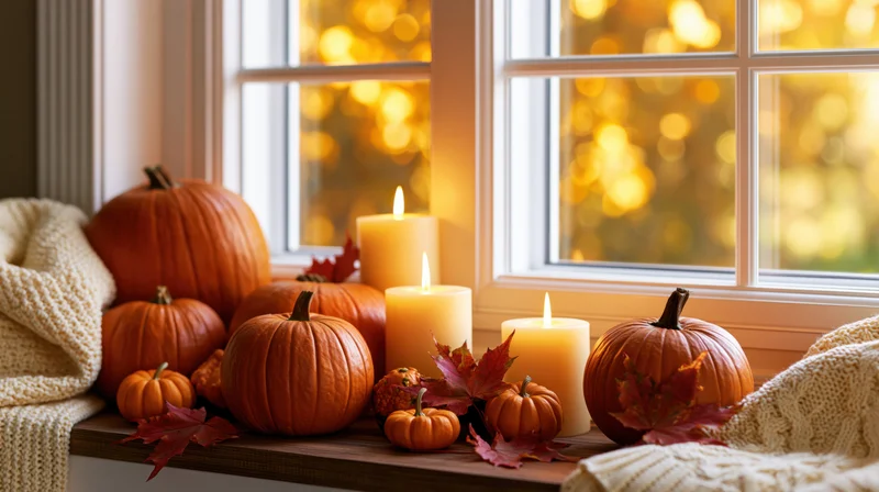 Pumpkins and candles arranged on a windowsill with autumn leaves and knitted blankets, warm light glowing through the window