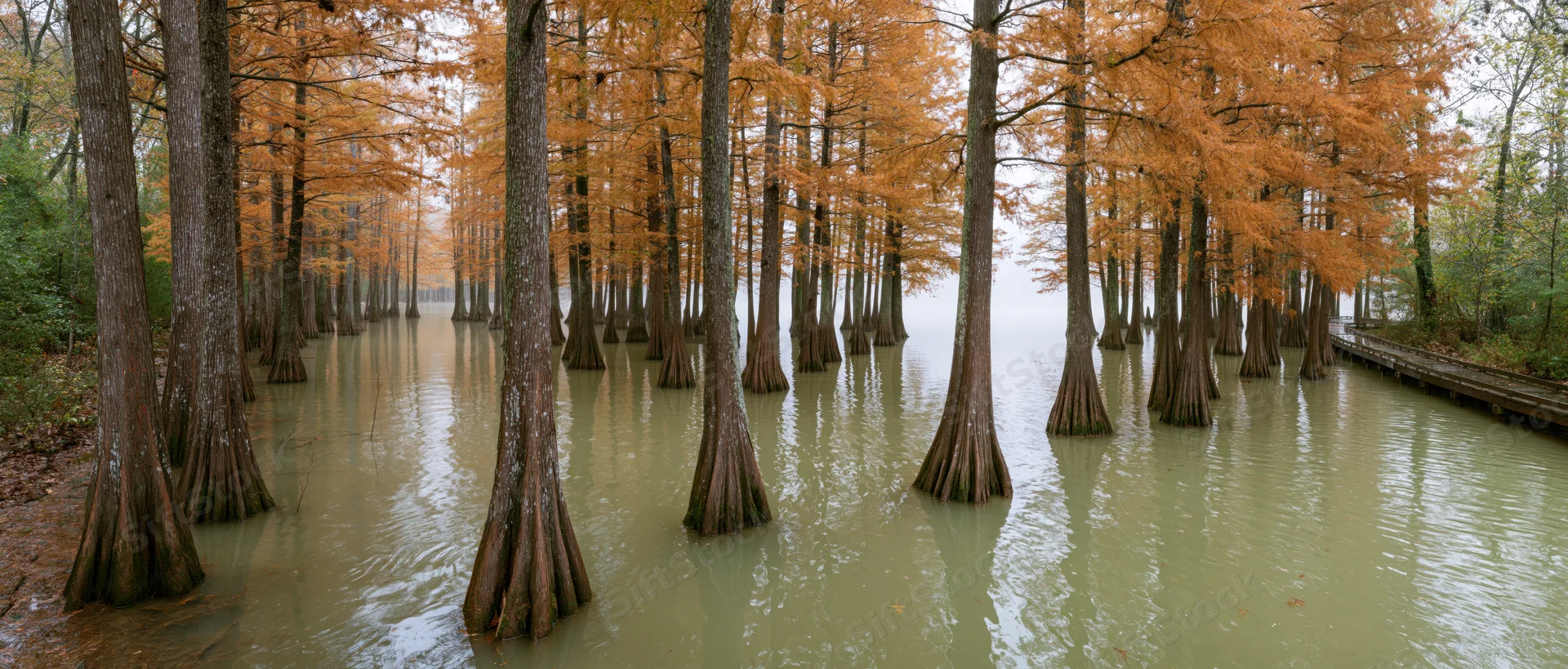 Bald cypress trees standing in shallow still water with autumn foliage and a wooden boardwalk alongside