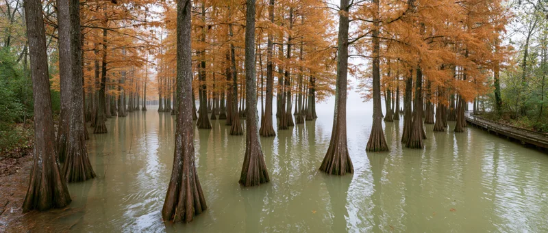 Bald cypress trees standing in shallow still water with autumn foliage and a wooden boardwalk alongside