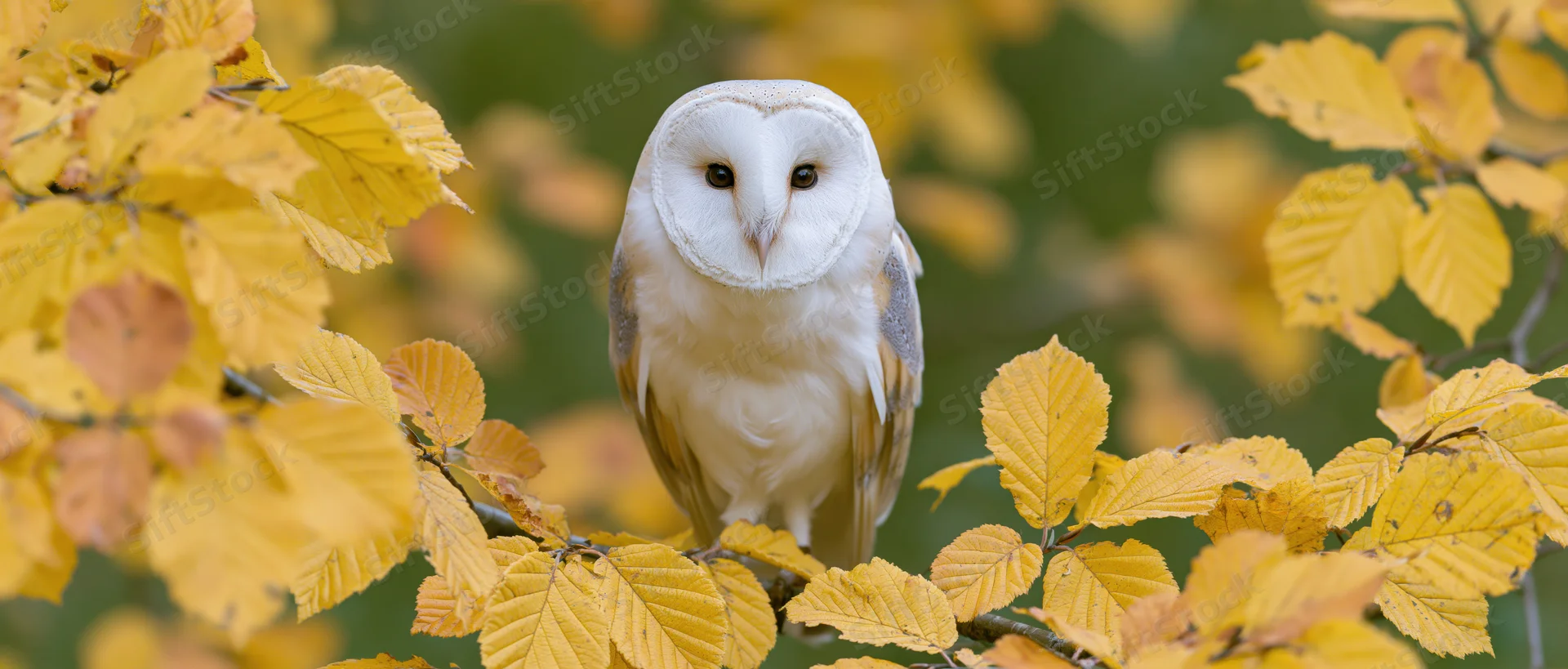 Barn owl perched on a branch among yellow autumn leaves in a forest setting