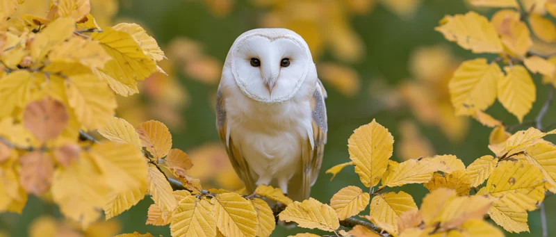 Barn owl perched on a branch among yellow autumn leaves in a forest setting