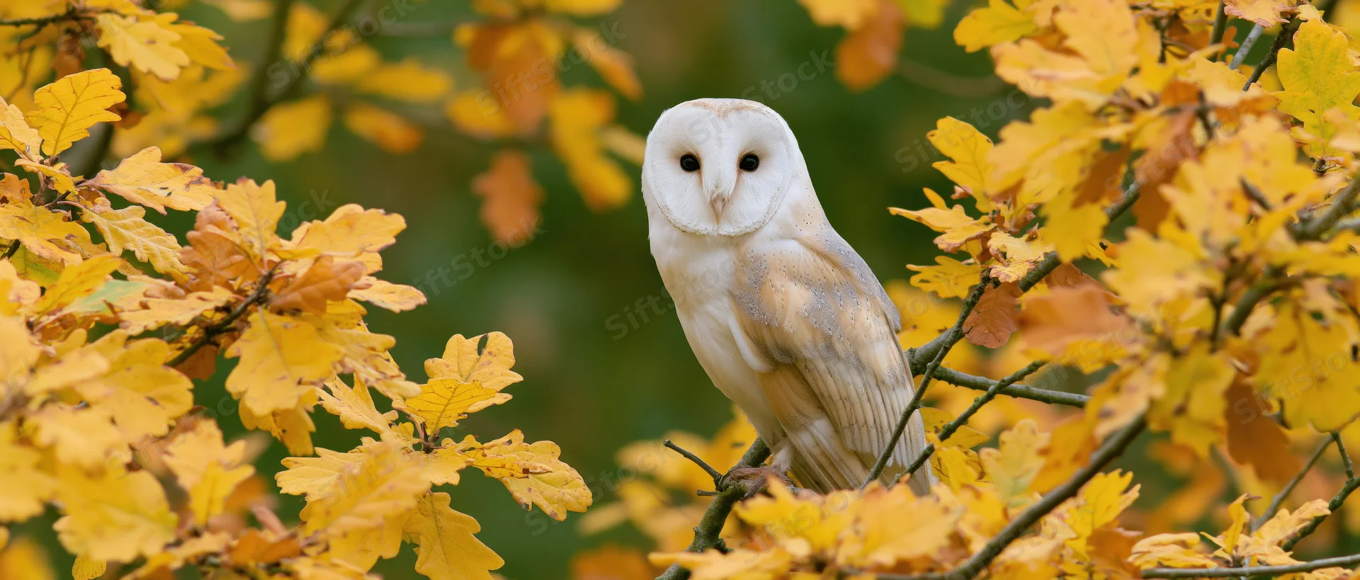 Barn owl perched on a thin branch facing forward among autumn leaves in a forest setting