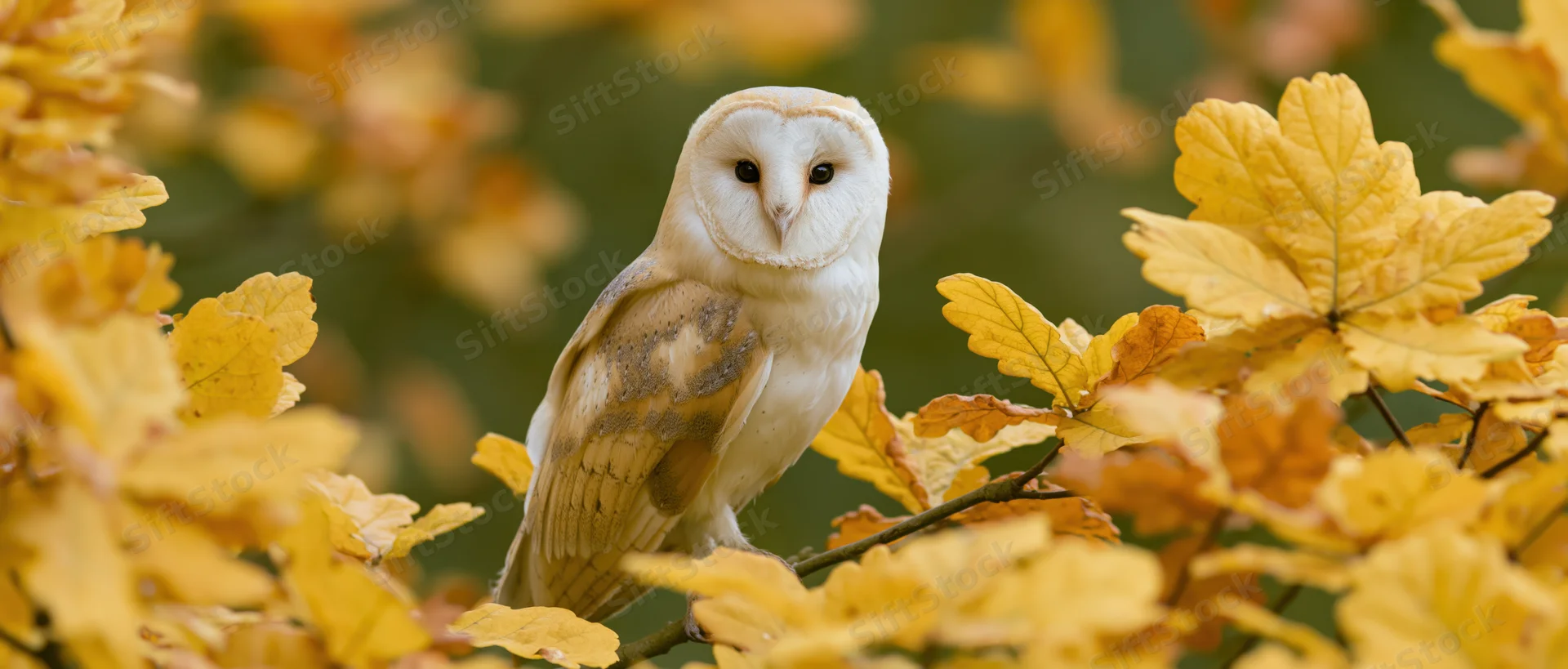 Barn owl perched on a thin branch facing forward among yellow autumn leaves