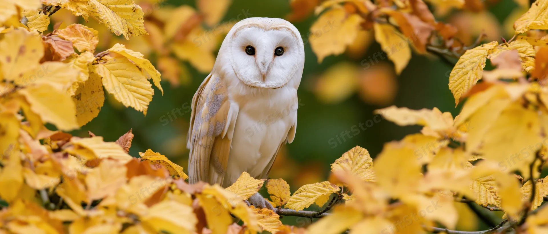 Barn owl perched on a thin branch facing forward among yellow autumn leaves