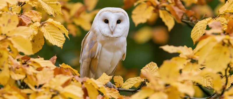 Barn owl perched on a thin branch facing forward among yellow autumn leaves