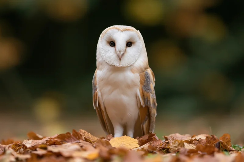 Barn owl perched upright on a bed of fallen autumn leaves in a forest setting