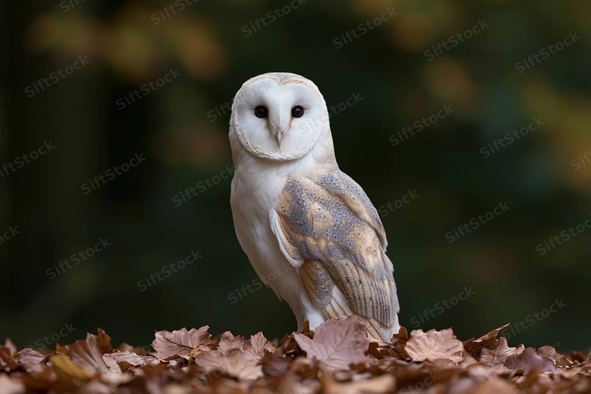 Barn owl perched upright on a bed of fallen autumn leaves in a forest setting