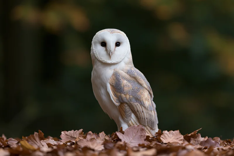 Barn owl perched upright on a bed of fallen autumn leaves in a forest setting