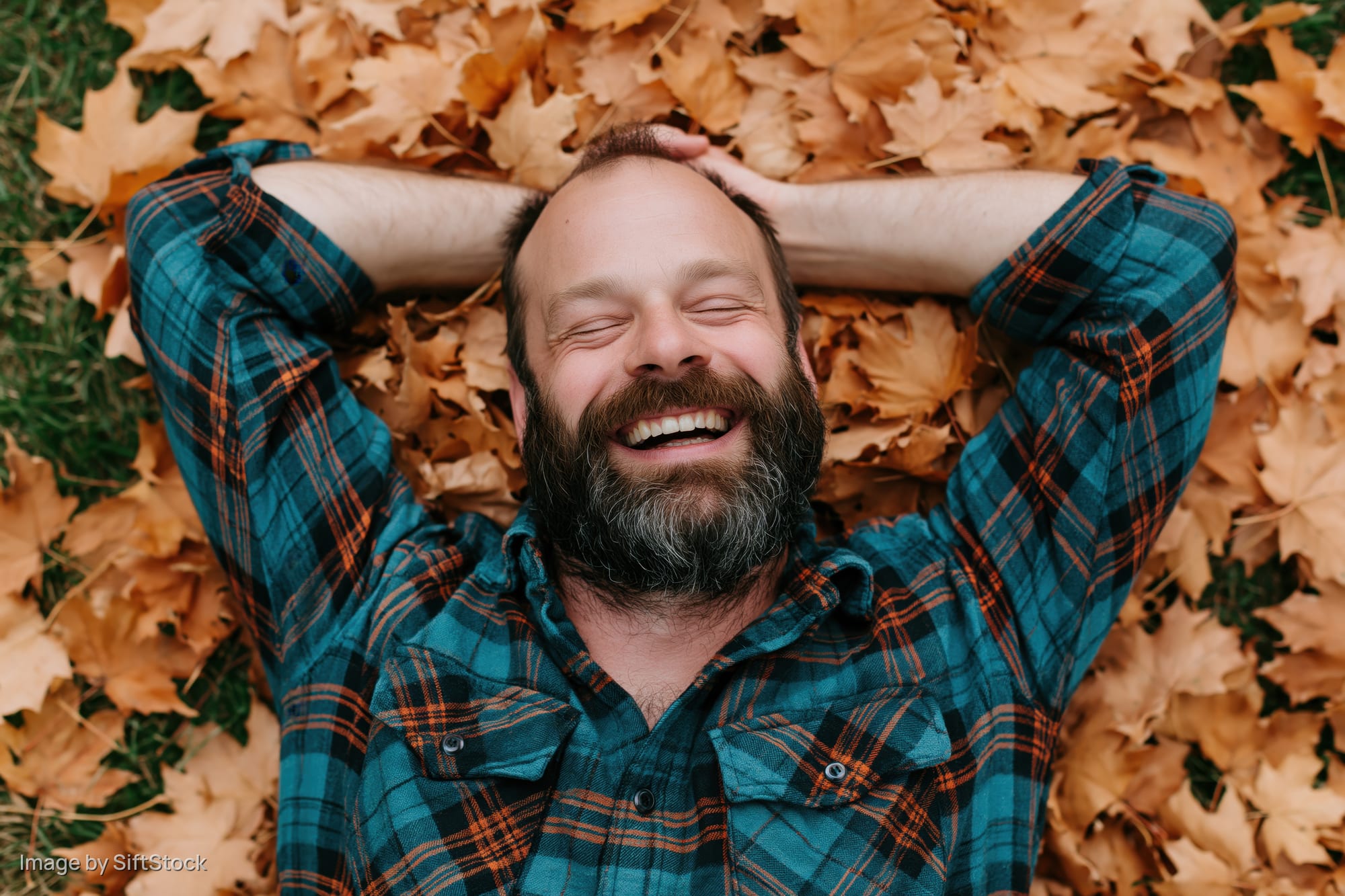 Bearded man laughing with arms behind head lying on autumn leaves outdoors
