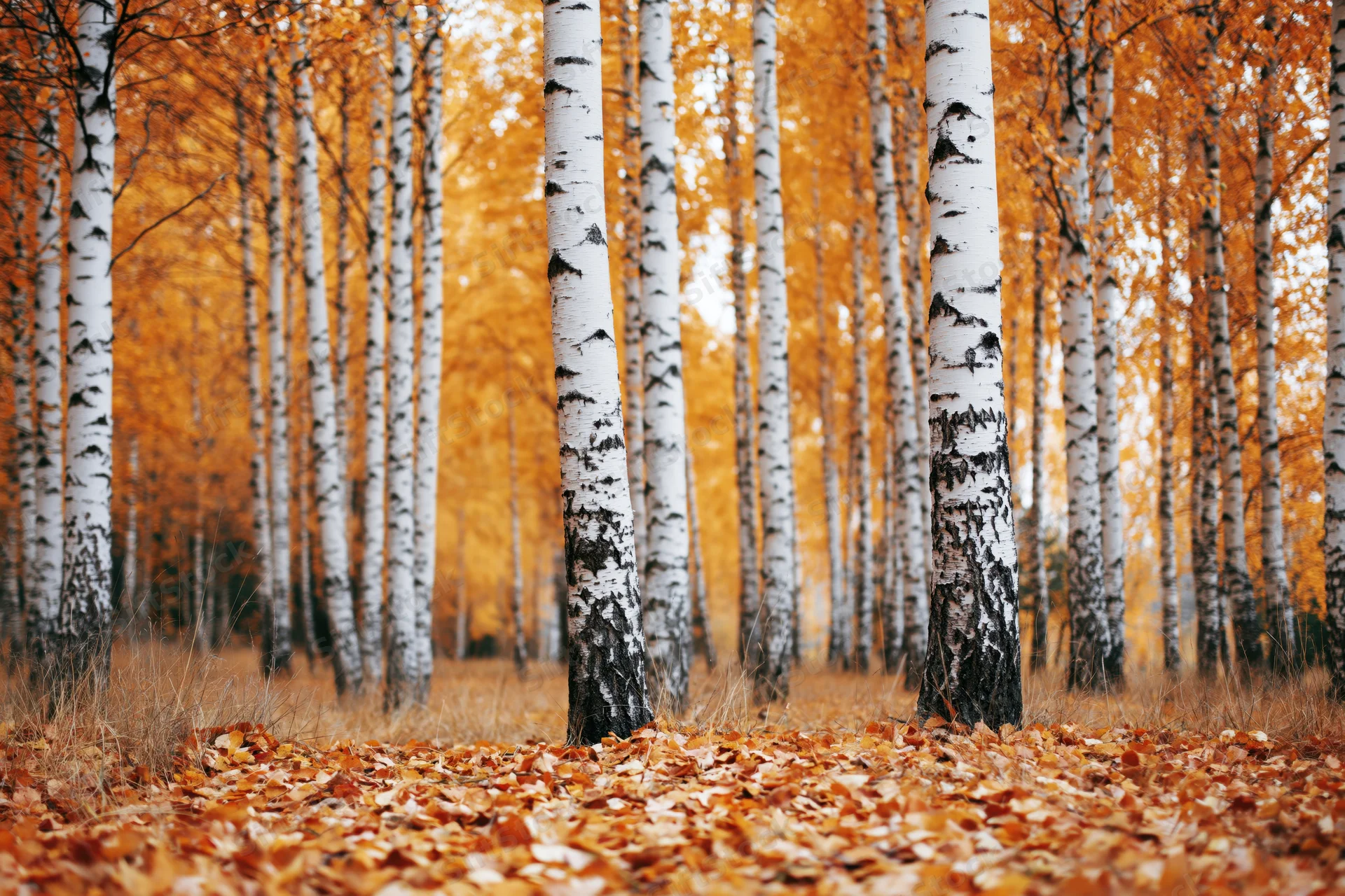 Birch trees with white bark standing in a forest grove during autumn with fallen leaves covering the ground