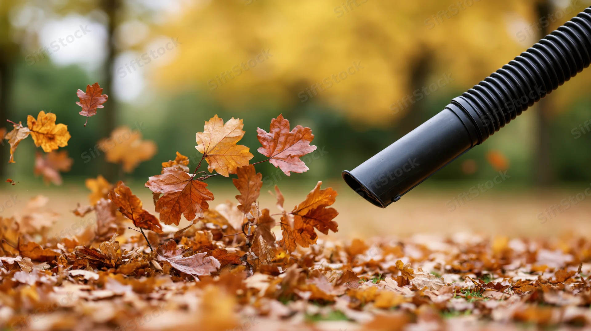 Leaf blower nozzle blowing autumn leaves across a yard in fall